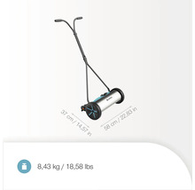 Gardena Handrasenmäher mit den Maßen 37 x 58 cm und einem Gewicht von 8,43 kg