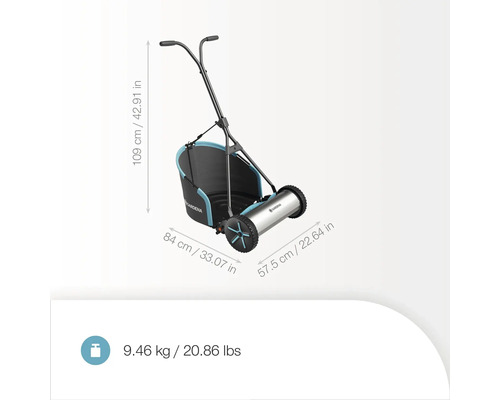 Handrasenmäher mit den Maßen 109 cm Höhe, 84 cm Breite und 57,5 cm Tiefe sowie einem Gewicht von 9,46 kg.