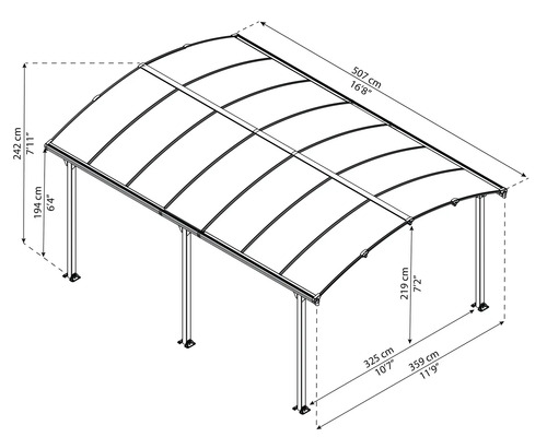 Technische Zeichnung eines Carports mit Maßangaben