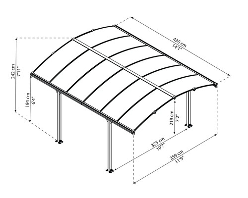 Technische Zeichnung eines Carports mit Maßangaben