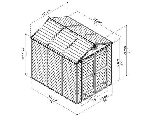 Abmessungen eines Gartenhauses: 227 cm breit, 174,5 cm hoch, 185 cm tief, Türhöhe 171 cm, Gesamthöhe 217 cm