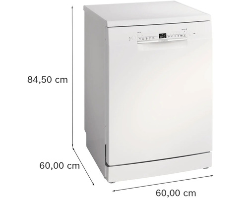 Freistehender Geschirrspüler mit den Maßen 84,50 cm Höhe und 60 cm Breite und Tiefe.