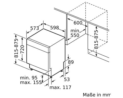 Technische Zeichnung eines Geschirrspülers mit Maßangaben