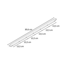 Montageschiene mit Bohrlöchern und Maßangaben 89,6 Zentimeter und 13,5 Zentimeter