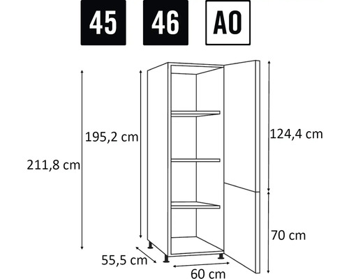 Technische Zeichnung eines Küchenschranks mit Maßen