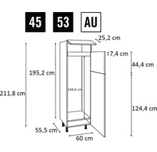 Technische Zeichnung eines Küchenschranks mit Abmessungen
