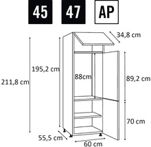 Technische Zeichnung eines Küchenschranks mit Maßangaben