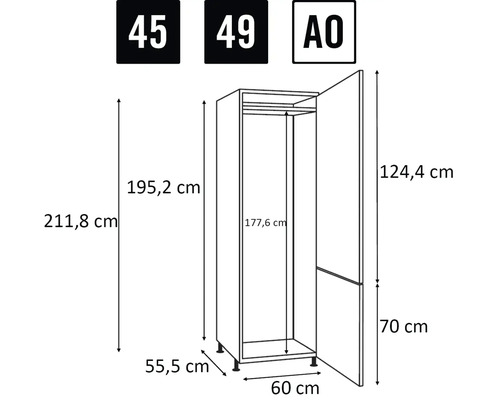 Maße eines Kleiderschranks als Strichzeichnung dargestellt.