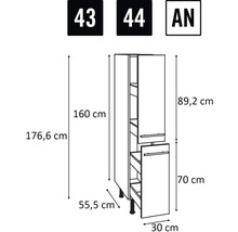 Technische Zeichnung eines Küchenschranks mit Maßangaben