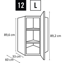 Technische Zeichnung eines Eckhängeschranks mit Maßen.