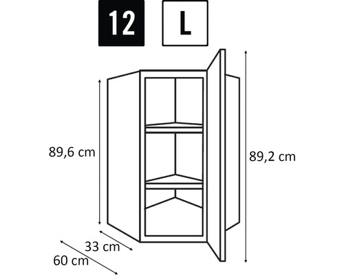 Technische Zeichnung eines Eckhängeschranks mit Maßen.