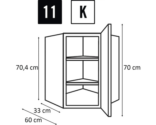 Skizze eines Eckhängeschranks mit Maßen.