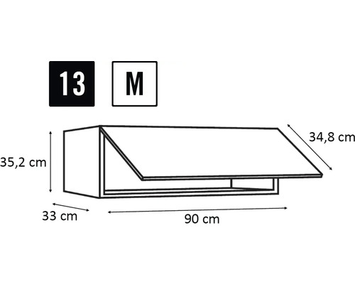 Abbildung eines Küchenschranks mit den Maßen 90 x 35,2 x 33 Zentimeter