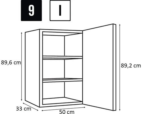 Abbildung eines Wandschranks mit Abmessungsangaben: 89,6 cm Höhe, 33 cm Tiefe und 50 cm Breite.