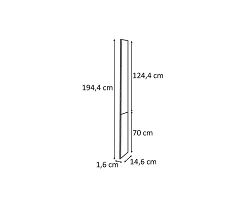 Technische Zeichnung eines Paneels mit den Maßen 194,4 cm Höhe, 14,6 cm Breite und 1,6 cm Tiefe
