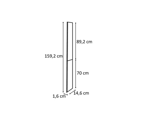 Zeichnung eines Regals mit den Maßen 159,2 cm Höhe, 89,2 cm und 70 cm für die einzelnen Fächer, 14,6 cm Tiefe und 1,6 cm Breite.