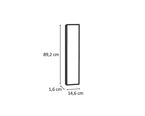 Abmessungen eines rechteckigen Wandspiegels mit einer Höhe von 89,2 cm, einer Breite von 14,6 cm und einer Tiefe von 1,6 cm