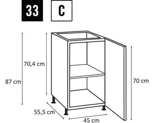 Skizze eines Spülenunterschranks mit den Maßen 87 x 45 x 55,5 cm.