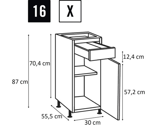 Skizze eines Unterschranks mit Schublade, Tür, Fachboden und Maßangaben