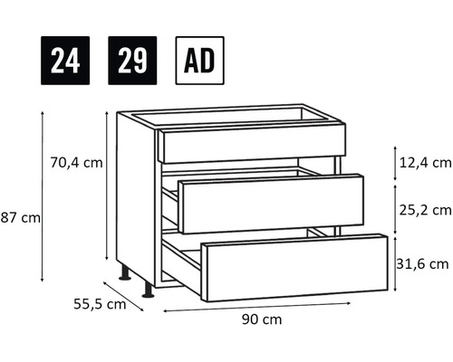Skizze eines Küchenunterschranks mit Schubladen und Maßen