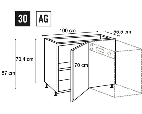 Technische Zeichnung eines Küchenunterschranks mit Maßen.