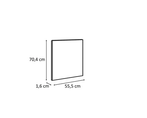 Abbildung eines quadratischen Spiegels mit den Maßen 70,4 cm Höhe, 55,5 cm Breite und 1,6 cm Tiefe.