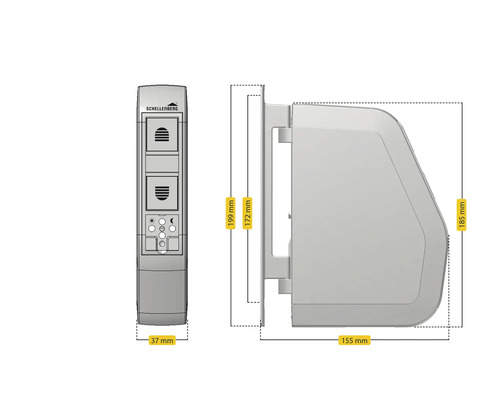 Schellenberg Rollladensteuerung mit den Maßen 199 mm Höhe, 37 mm Breite und 155 mm Tiefe