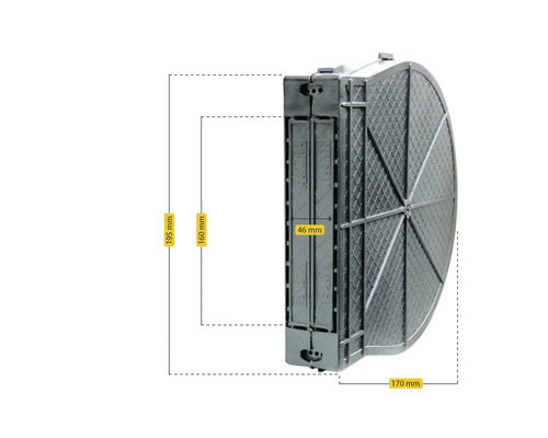 Abmessungen eines Fallrohrfilters mit einer Höhe von 195 Millimeter, einer Tiefe von 46 Millimeter und einer Breite von 170 Millimeter.