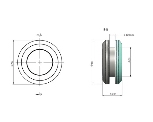 Technische Zeichnung eines runden Bauteils mit den Maßen 58 mm Durchmesser und 25,36 mm Länge