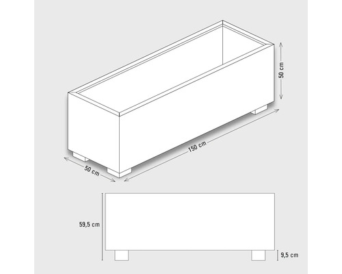 Technische Zeichnung eines Pflanzkastens mit den Maßen 150 x 50 x 59,5 cm