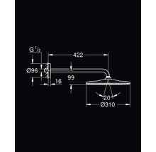 Technische Zeichnung eines Duschkopfes mit Maßangaben