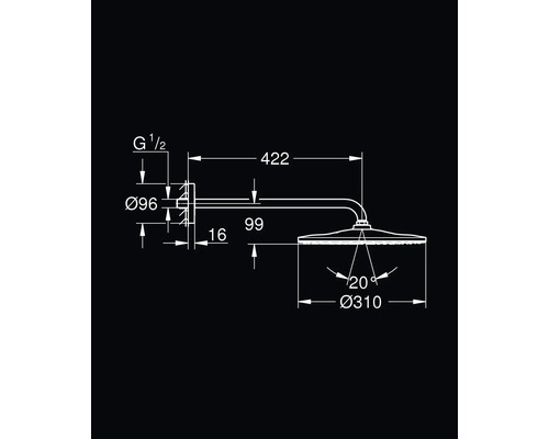 Technische Zeichnung eines Duschkopfes mit Maßangaben