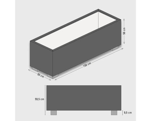 Illustration eines grauen Pflanzgefäßes mit den Maßen 150 mal 50 mal 59,5 Zentimeter
