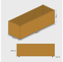 Abbildung eines Pflanzkastens mit Maßangaben: 50 cm Breite, 150 cm Länge und 50 cm Höhe.