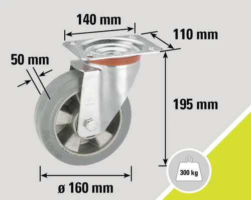 Lenkrolle mit den Maßen 140 mm mal 110 mm, Raddurchmesser 160 mm, Radbreite 50 mm, Höhe 195 mm, Tragkraft 300 kg