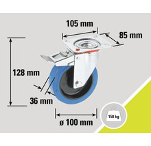 Lenkrolle mit Feststeller, Maße 105 x 85 Millimeter, Raddurchmesser 100 Millimeter, Traglast 150 Kilogramm