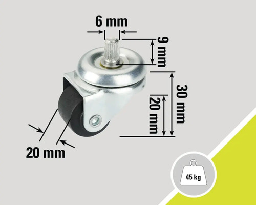 Möbelrolle mit Stift, Abmessungen und Belastbarkeit bis 45 kg