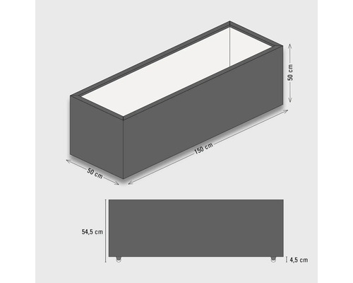 Illustration eines rechteckigen Pflanzgefäßes mit Maßangaben