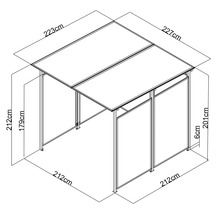 Abmessungen eines Pavillons mit einer Länge von 223 Zentimetern und einer Breite von 227 Zentimetern
