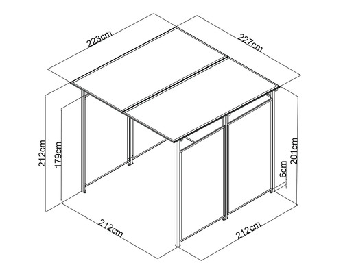 Abmessungen eines Pavillons mit einer Länge von 223 Zentimetern und einer Breite von 227 Zentimetern