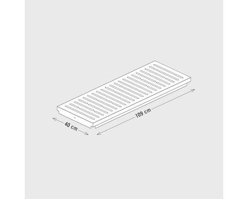 Skizze einer Ablaufrinne mit den Maßen 109 cm mal 40 cm.