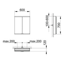 Technische Zeichnung eines Badezimmer-Spiegelschranks mit Maßangaben