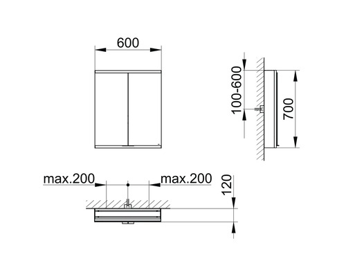 Technische Zeichnung eines Badezimmer-Spiegelschranks mit Maßangaben