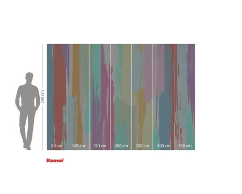Komar Logo. Illustration einer Tapete mit Farbmuster und verschiedenen Breiten.