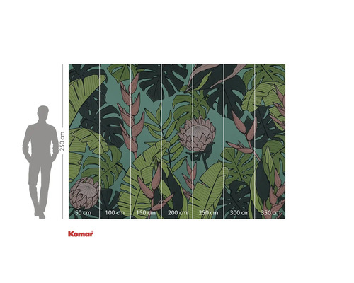 Fototapete mit tropischem Pflanzenmuster und Größenangaben