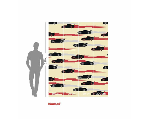 Komar Fototapete mit Rennwagen-Motiv und Größenangaben