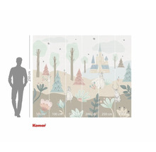 Fototapete mit einem Design aus dem Film Die Eiskönigin, mit Bäumen, Blumen, Figuren und einem Schloss