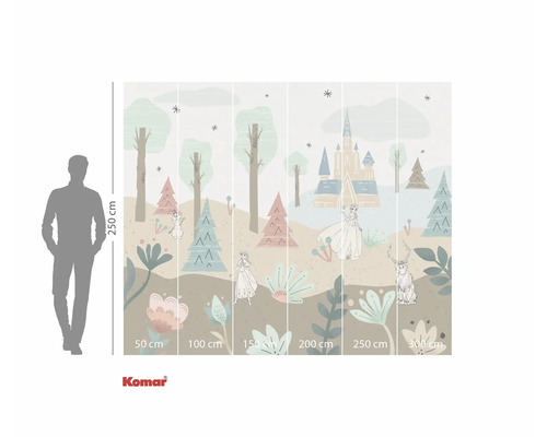 Fototapete mit einem Design aus dem Film Die Eiskönigin, mit Bäumen, Blumen, Figuren und einem Schloss