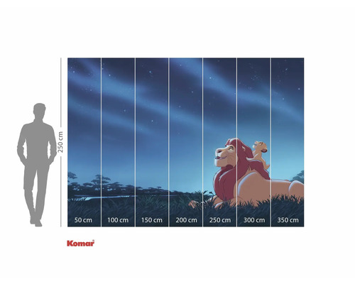 Komar Fototapete mit einer Illustration von König der Löwen, bestehend aus mehreren Bahnen, mit Größenangaben.