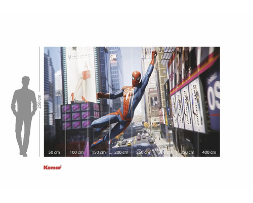 Komar Spiderman Fototapete mit Größenangaben und menschlicher Silhouette